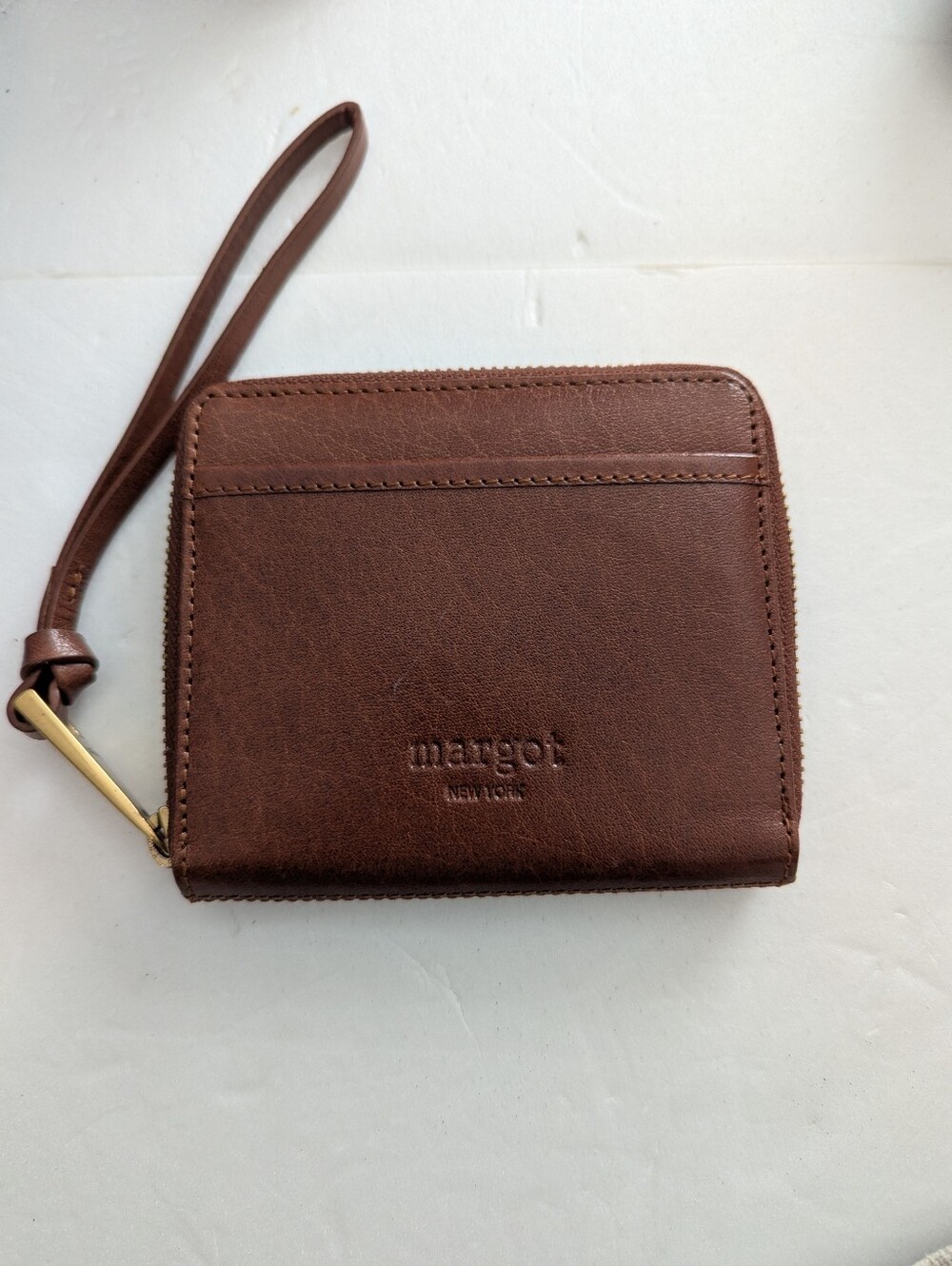 Margot  Brown Leather Zip Wristlet Wallet with Strap
